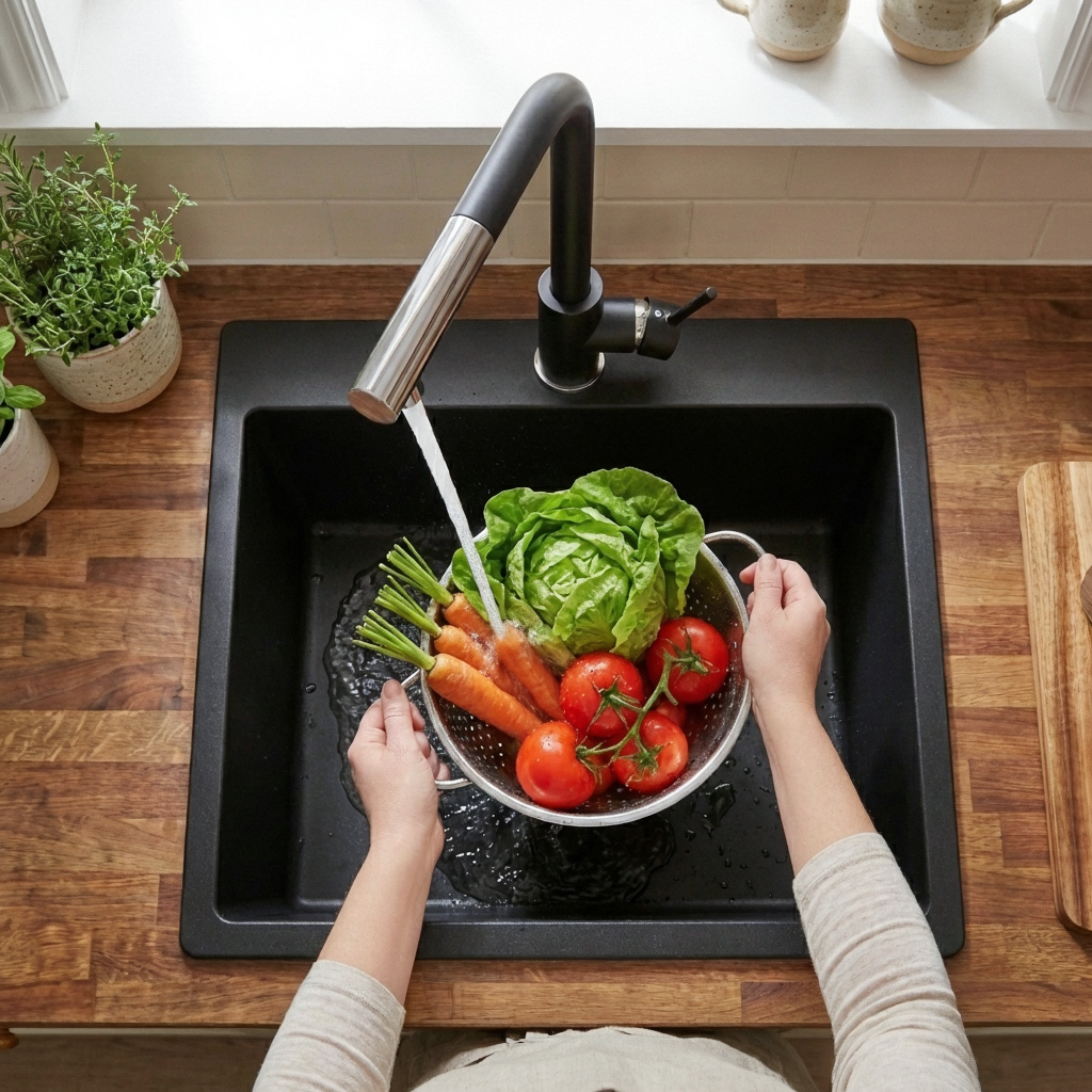 robinet-cuisine-ressort-douchette-extractible-lavage-legume